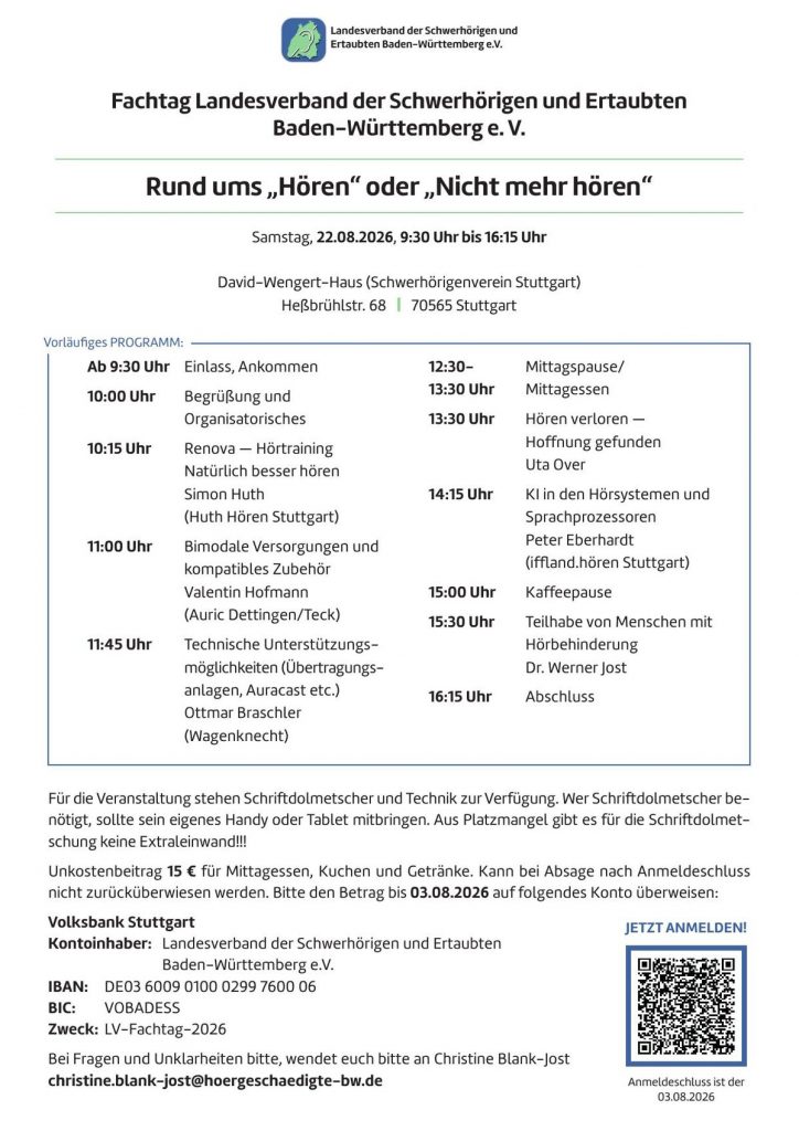 Flyer zum Fachtag Rund ums Hören am 22. August 2026 in Stuttgart